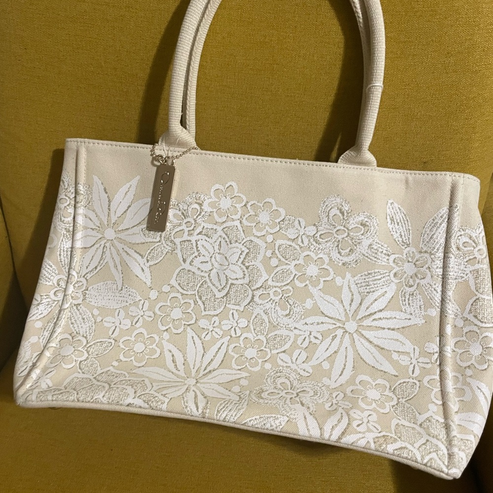 Neiman Marcus Cream Floral Tote Bag